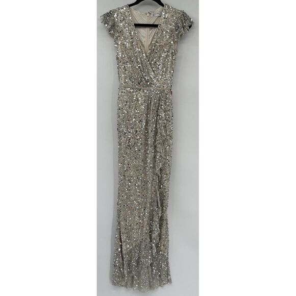 NEW‎ Mac Duggal 4 5631 Ruffle Skirt Sequin Dress Gown V Neck Cap Sleeve